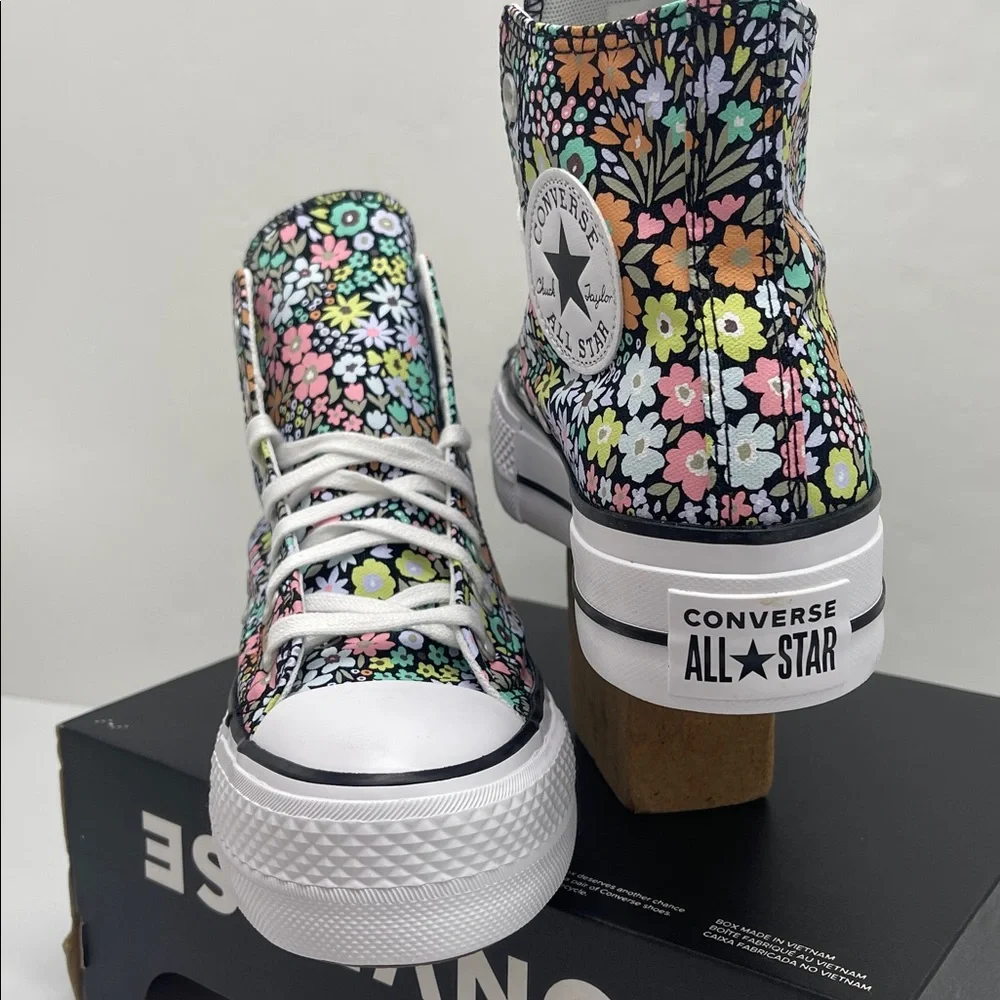 Converse Floral Platform High Top Sneakers - Black with Pastel Flowers